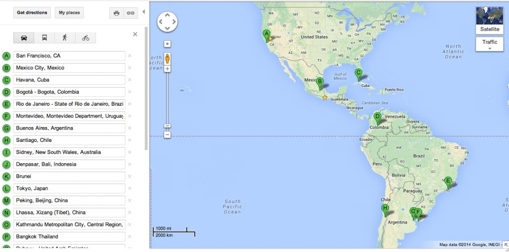 San Francisco, Mexico Df, La Habana, Bogota, Rio de Janeiro, Montevideo, Buenos Aires, Santiago de Chile.