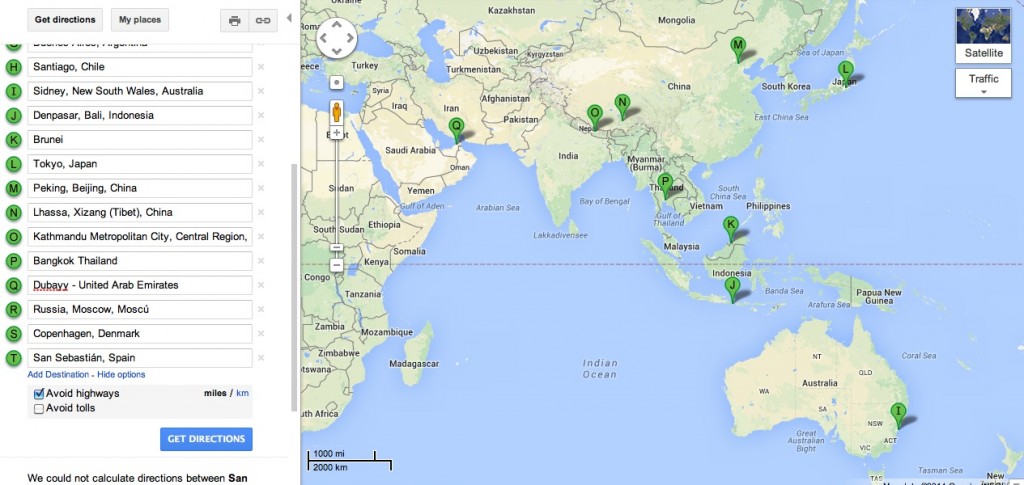 Sidney, Denpasar, Brunei, Tokyo, Pekin, Lhassa, Katmandu, Bangkok, Bombay Dubay.